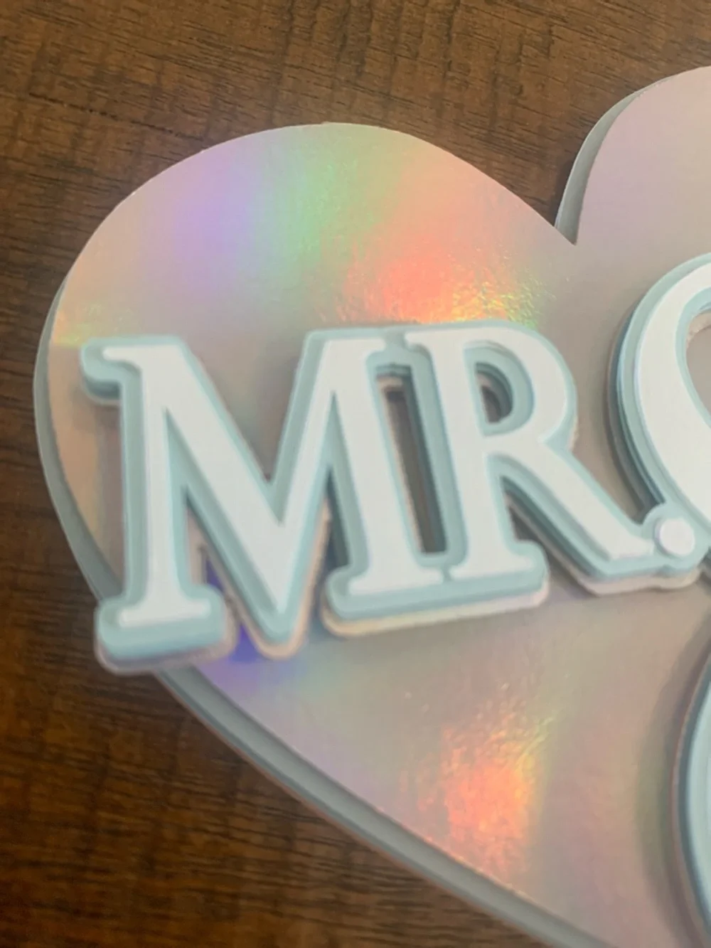 MR. & MRS. Iridescent Heart Cake Topper - Light Blue White Silver
